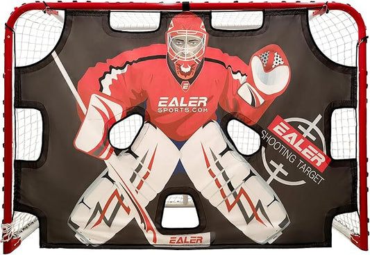 EALER Hockey Goal with Shooting Targets – 6′×4′ Portable Street & Ice Goal, Heavy-Duty 2″ Steel Frame, 11 Target Holes, Tear-Proof Fabric, Official Size, Easy Backyard Assembly