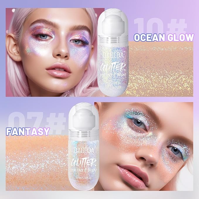 DAGEDA 2Colors Roll-on Body Glitter Gel for Body, Hair, Face, Holographic Glitter Makeup for Rave Accessories, Body Shimmer for Halloween Makeup(Fantasy + Ocean Glow)