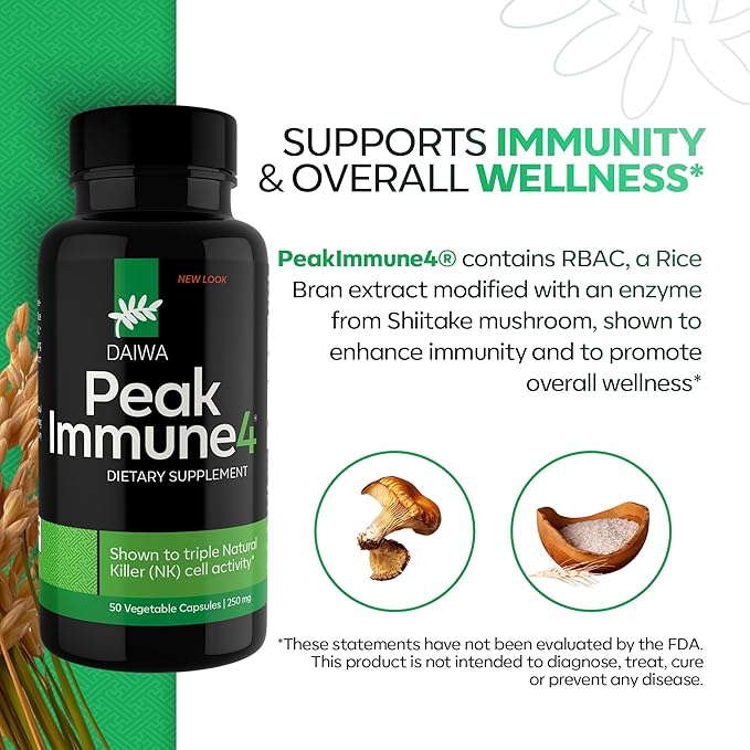 Daiwa PeakImmune4® – Immune Support Supplement for Adults with Rice Bran Arabinoxylan Compound (RBAC) and Enzyme from Shiitake Mushroom – 50 Capsules