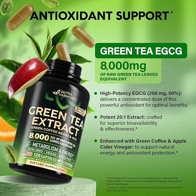 Green Tea Extract Capsules with Green Coffee Beans & Apple Cider Vinegar - Energy & Metabolism Support - Green Tea Supplement 50% EGCG - 20:1 Natural Extract - for Men & Women - 120 Vegan Capsules