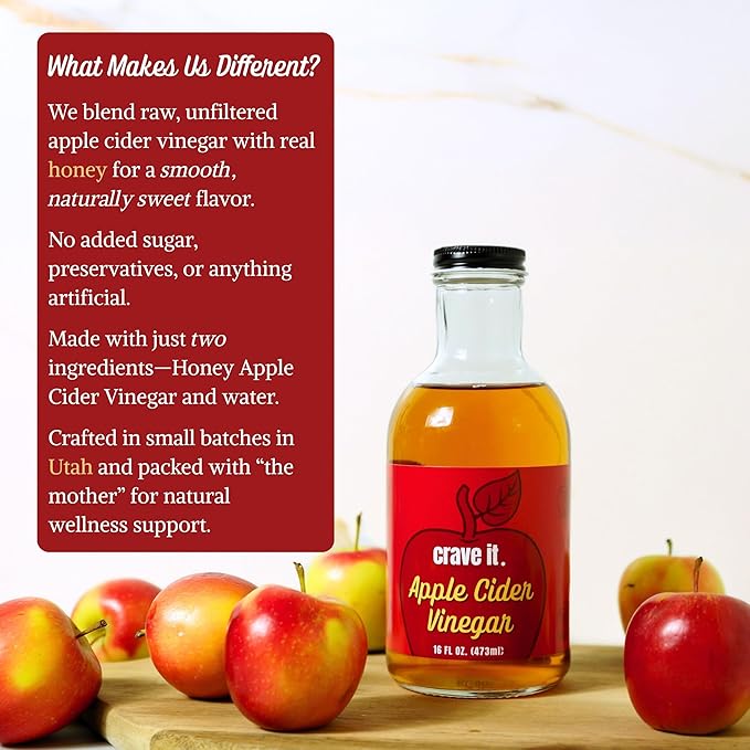 Crave It. Apple Cider Vinegar with Mother - Gut Health & Digestion - Made with Utah Honey - 16oz - 2pk