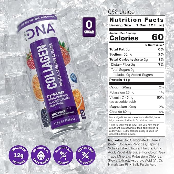 HYDRADNA- Sparkling Liquid Collagen Protein Water Drink Balanced Nutrients for Wellness - Sugar-Free - Keto-Friendly - No Gluten (12 Pack) Berry Punch