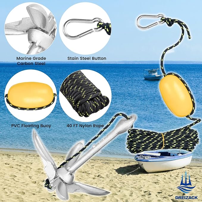 Dreizack Kayak Anchor Kit, 3.5 lb Folding Grapnel Boat Anchor Trolley Accessories with 40ft Rope and PVC Buoy for Fishing Kayaks SUP Paddle Boards Canoes Jet Ski PWC Inflatable Small Boats