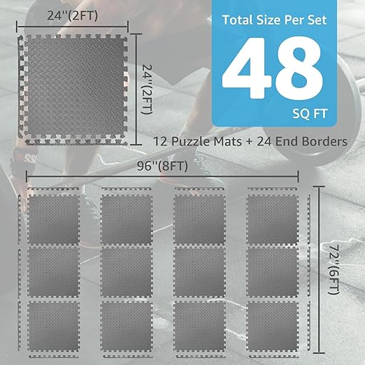 Art3d 48 Sq.Ft Eva Puzzle Exercise Mats, 24"x24" x 1/2" Thick Foam Interlocking Tiles for Flooring, Workout, Gym Equipments, Pack of 12, Grey