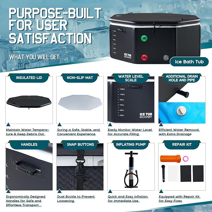 Albott Inflatable Cold Plunge Tub for Athletes, Ice Bath Tub with Insulated Lid Non-Slip Mat & Handles, Water Chiller Compatible, Portable for Indoor & Outdoor Recovery, 525 Gal, 79"L x 79"W x 33"H