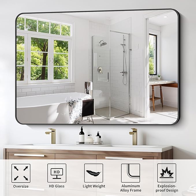 FORBATH Large Bathroom Mirror 60" x 40", Black Rectangle Metal Framed Rounded Corner Wide Wall Mounted Mirror for Bathroom Bedroom Entryway Decor(Horizontal/Vertical)