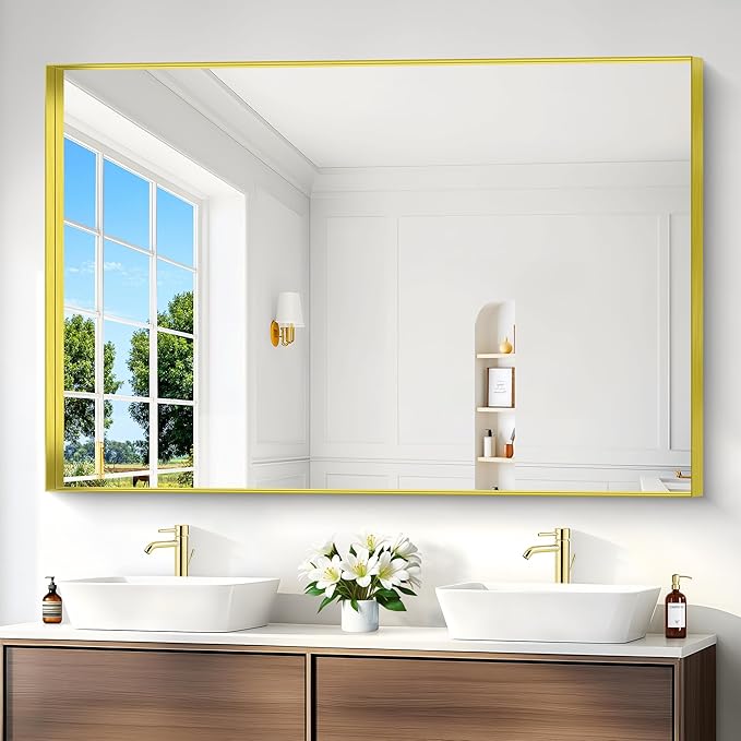 Gold Bathroom Mirror, 60x40 Inch Rectangular Framed Mirror, Large Wall Mounted Bathroom Vanity Mirror Over Sink for Bedroom,Restroom, Living Room, Hangs Vertically or Horizontally