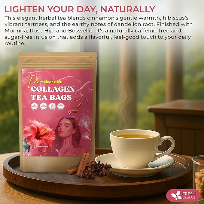 FreshDrinkUS, Premium Collagen Herbal Tea – 30 Tea Bags | Cinnamon Stick, Hibiscus, Dandelion Root, Moringa Leaves, Rose Hip, Ginger, Fennel Seed, Boswellia | Caffeine-Free, Natural Flavorful Blend