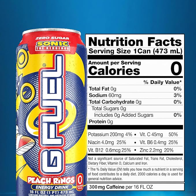 G Fuel Energy Drink, Peach Ring Candy, Sugar Free Beverage with 300mg Caffeine, Daily Energy Boost with Focus Amino, Vitamin + Antioxidants, 16 oz Cans (Sonic, 12-Pack)