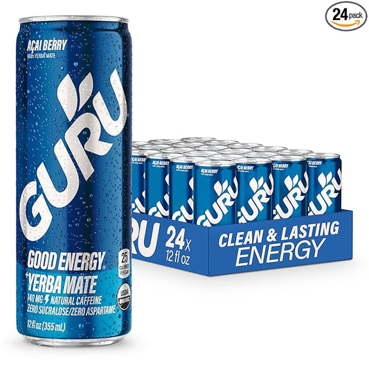 GURU Yerba Mate Organic Energy Drinks, Clean Energy Drink with Plant Based Natural Caffeine from Green Tea, Low Calorie, Gluten Free, 140mg Caffeine, Healthy Drinks, Acai Berry, 12oz (Pack of 24)