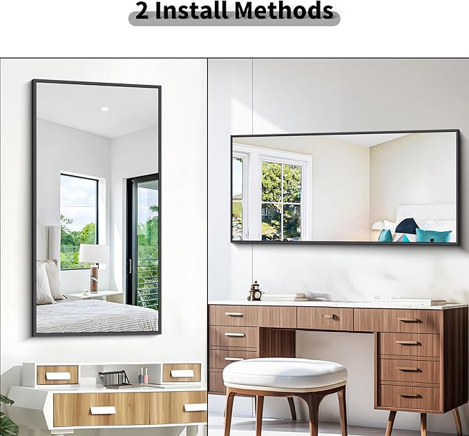 Bathroom Mirror,24x48 inch Wall Mirror for Bathroom Wall Mounted Black Rectangle Square Corner Mirrors, Black Bathroom Mirror for Living Room, Farmhouse, Bedroom Entryway, Horizontal/Vertical