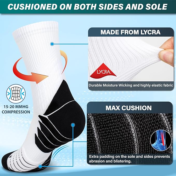 Hylaea Compression Running Socks for men, Coolmax Anti-Blister Cushion Crew Socks for Athletic, Moisture Wicking & Seamless