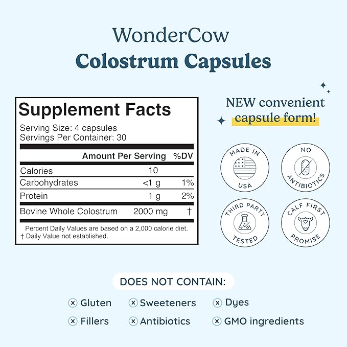 Colostrum Capsules Supplement for Gut Health, Immune Support, Muscle Recovery & Wellness | Natural IgG Pure Whole Bovine Colostrum Superfood, Unflavored, 30 Servings
