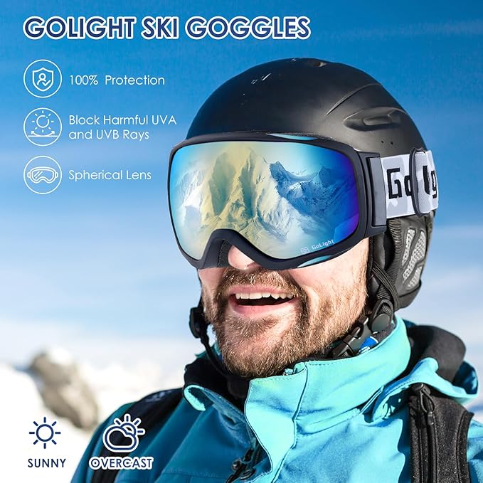 GoLight OTG Anti-Fog Ski Goggles for Men Women ??Spherical REVO Lens, UV400, Breathable TPU Frame, Adjustable Non-Slip Strap