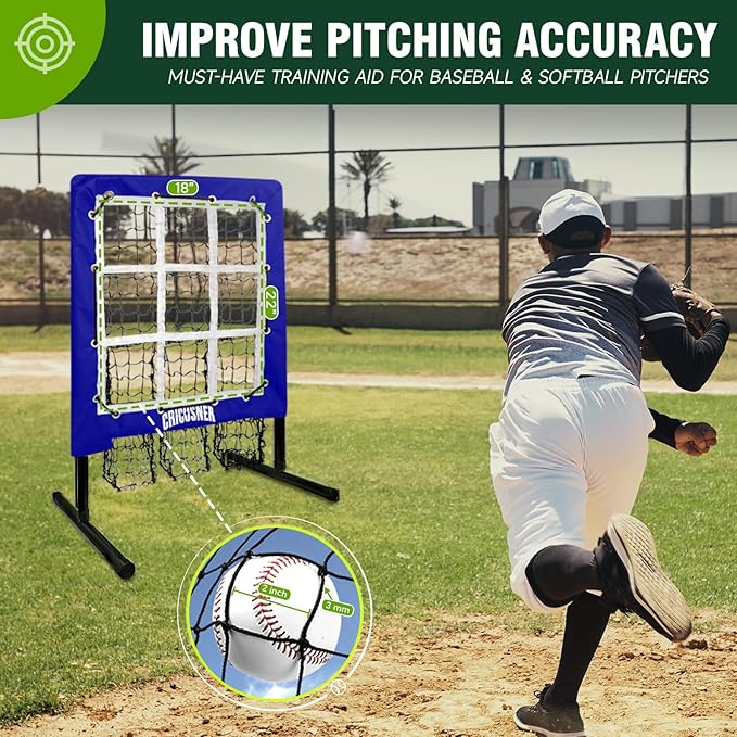 9 Hole Pitching Net, Heavy-Duty Baseball Net with Strike Zone for Pitching and Hitting, Height Adjustable Training Equipment with 9 Pocket Pitching Target for Baseball & Softball Practice
