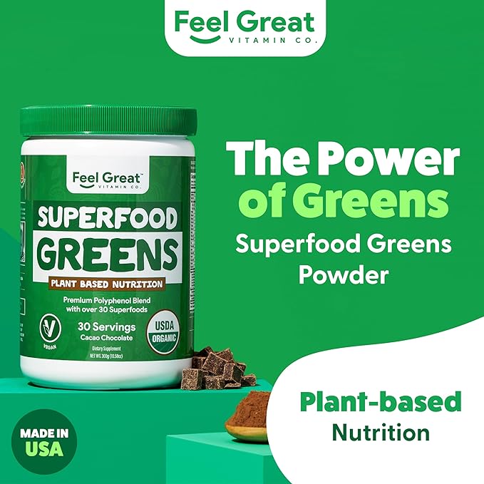 Feel Great Organic Superfood Greens Powder - Cocoa Chocolate | Fruit & Vegetable Supplement | Over 20 Greens, Fruits & Veggies, Fiber, Probiotics & Digestive Enzymes | 30 Servings