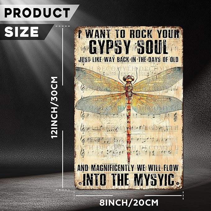 Dragonfly Decor I Want to Rock Your Soul Into The Mystic Vintage Metal Tin Sign for Home Cafe Bedroom Library Bookshelf Wall Decor 12 * 8inch