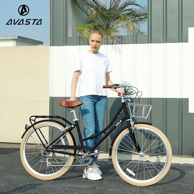 AVASTA Astrid Vela Hybrid Bike for Adult Women Female Lightweight Step Through 26 Inch High Tensile Steel Frame City Commuter Comfort Lady Bicycle, 6-Speed, Multiple Colors