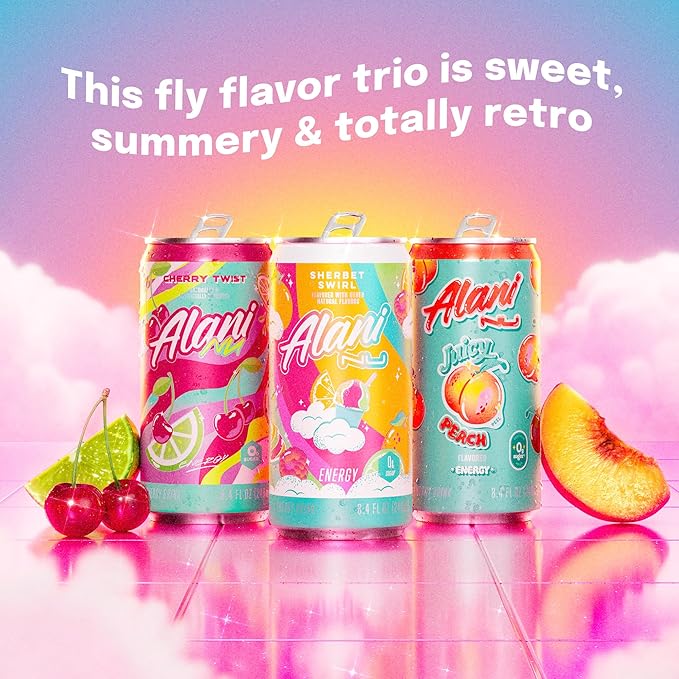 Alani Nu RETRO VARIETY PACK (Sherbet Swirl, Juicy Peach and Cherry Twist), Low Calorie Energy Drinks, 100mg Caffeine, Biotin, B Vitamins, Zero Sugar, 10 Calories or Less, 8 Fl Oz Cans, 12 Pack