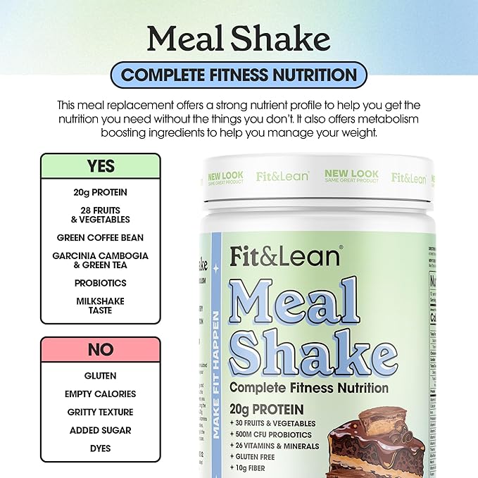 Fit & Lean Meal Shake Meal Replacement with Protein, Fiber, Probiotics and Organic Fruits & Vegetables, Chocolate Peanut Butter Pie, 1lb, 10 Servings