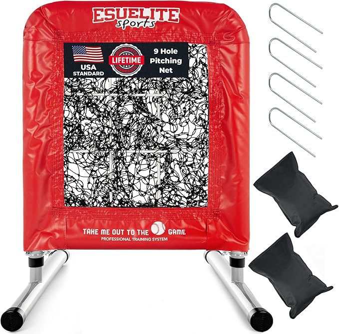 Heavy-Duty 9 Hole Pro Style Baseball & Softball Pitching Net with Strike Zone Target - Adjustable Portable Design for Training, Includes 4 Stakes & 2 Sandbags