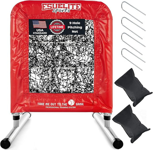 Heavy-Duty 9 Hole Pro Style Baseball & Softball Pitching Net with Strike Zone Target - Adjustable Portable Design for Training, Includes 4 Stakes & 2 Sandbags