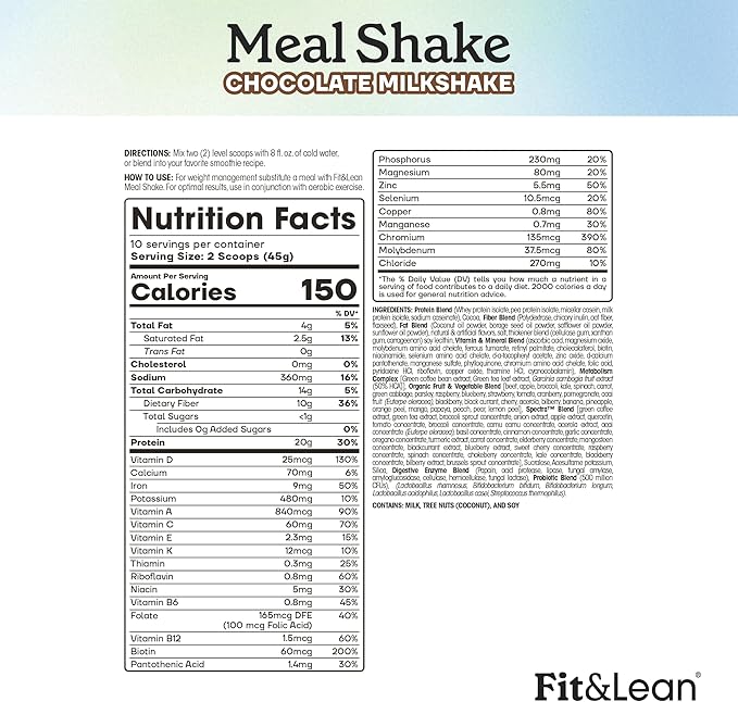 Fit & Lean Meal Shake, Fat Burning Meal Replacement, Protein, Fiber, Probiotics, Chocolate, 1lb, 10 Servings Per Container