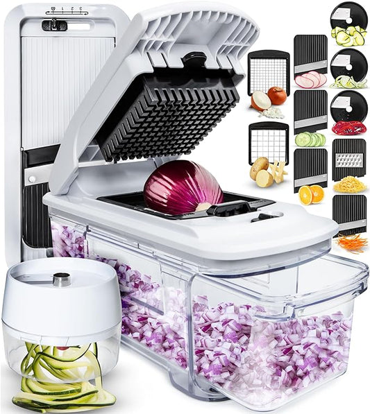 Fullstar All-in-1 Vegetable Chopper and Mandoline Slicer for Kitchen - Cheese Grater, French Fry Cutter, Cheese Slicer - Bonus Handheld Spiralizer Included (6 in 1, Black/White)