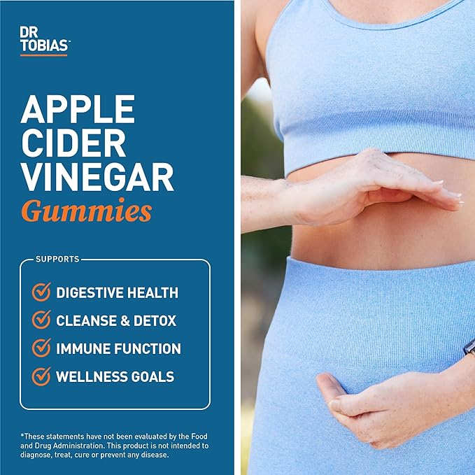 Dr. Tobias Apple Cider Vinegar Gummies, Includes 500 mg Apple Cider Vinegar with Mother, Folate, B12 & Iodine, Supports Gut Health, Cleanse & Detox, Vegan, Gluten-Free, 60 Gummies