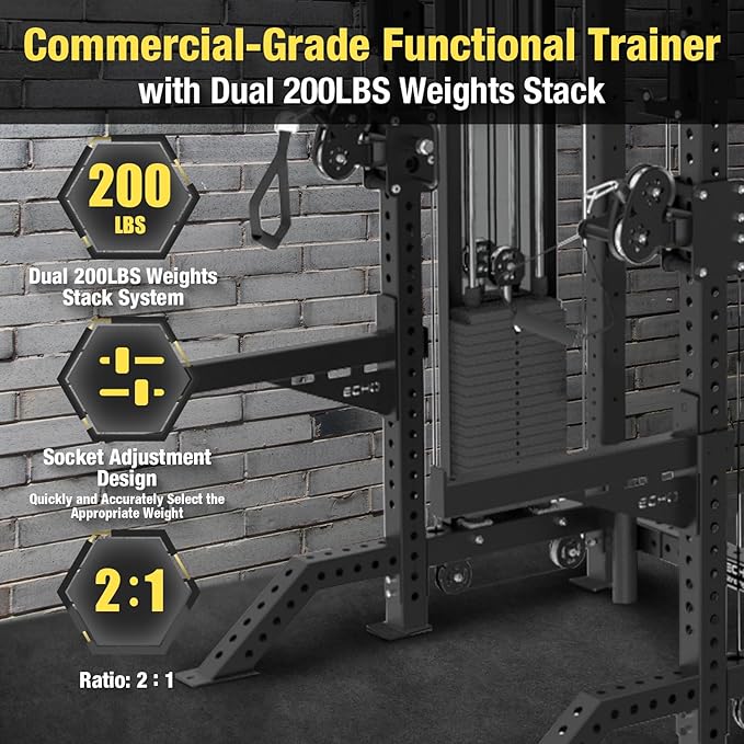 Commercial Functional Trainer Cable Machine with Dual Weight Stacks, Power Cage Squat Rack, Dual Cable Crossover Machine with Pulley System
