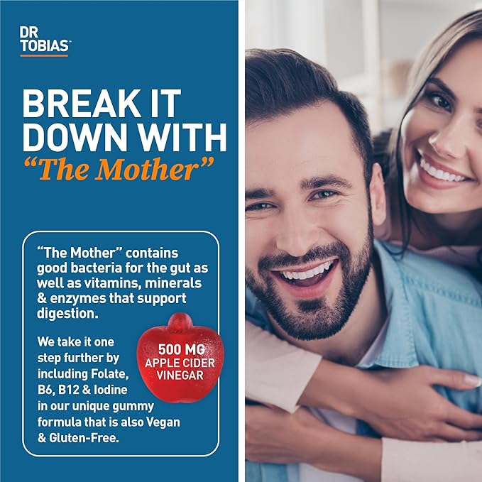 Dr. Tobias Apple Cider Vinegar Gummies, Includes 500 mg Apple Cider Vinegar with Mother, Folate, B12 & Iodine, Supports Gut Health, Cleanse & Detox, Vegan, Gluten-Free, 120 Gummies