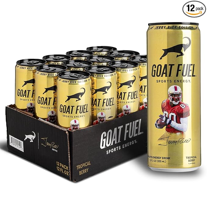 G.O.A.T. Fuel Energy Drink, Co-Founded by Jerry Rice, Natural Caffeine, Electrolytes, BCAAs, Cordyceps Mushrooms & Antioxidants, Light Carbonation Pre Workout, 12 Pack, 12 FL Oz, Tropical Berry