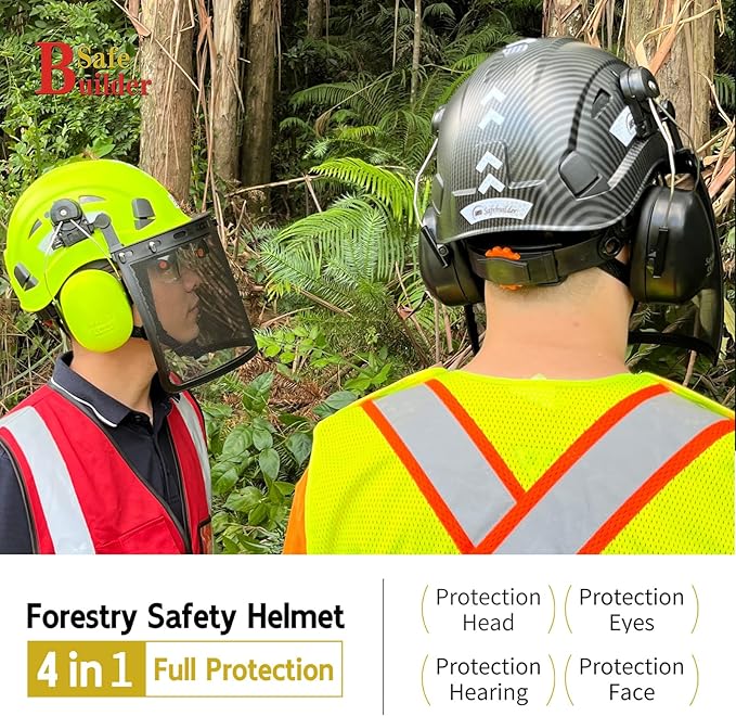 Forestry Safety Helmet with Build-in Visor Mesh Face Shield Ear Muffs 4 in 1 Chainsaw Safety Hard Hats
