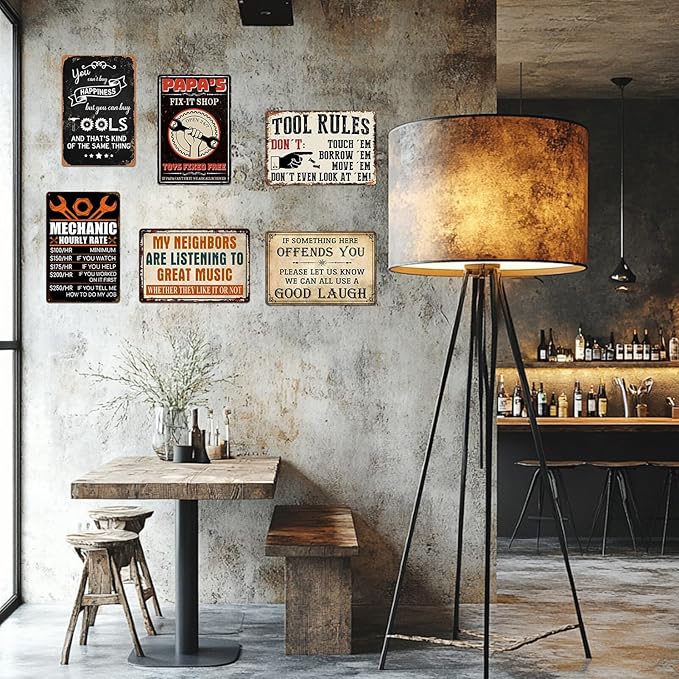 Garage Signs Metal Wall Decor - Vintage Tool Rule Metal Tin Signs for Men, Funny Shop Accessories Bar Decoration for Man Cave 8x12 Inch
