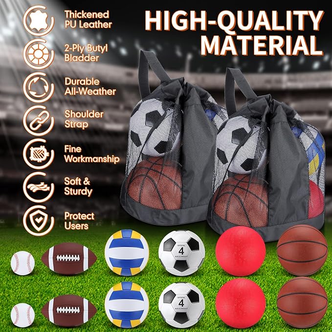 Deekin 12 Pcs Assorted Sport Ball Set Official Size Basketball, Football, Volleyball, Soccer, Baseball, Playground Ball with Bag and Pump Gift for Kid Youth Adult Back to School