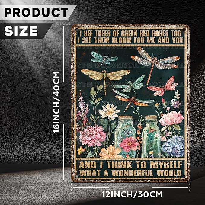 Dragonfly Decor And I Think To Myself What A Wonderful World Vintage Metal Tin Sign Decorative Plaque Poster 12 * 16inch