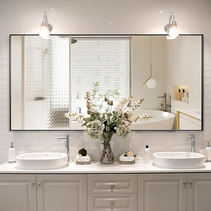 60x30 Inch Bathroom Mirror for Wall, Aluminum Frame Rectangle Rectangular Vanity Mirror, Modern Large for Bedroom, Living Room, Horizontal or Vertical, Black