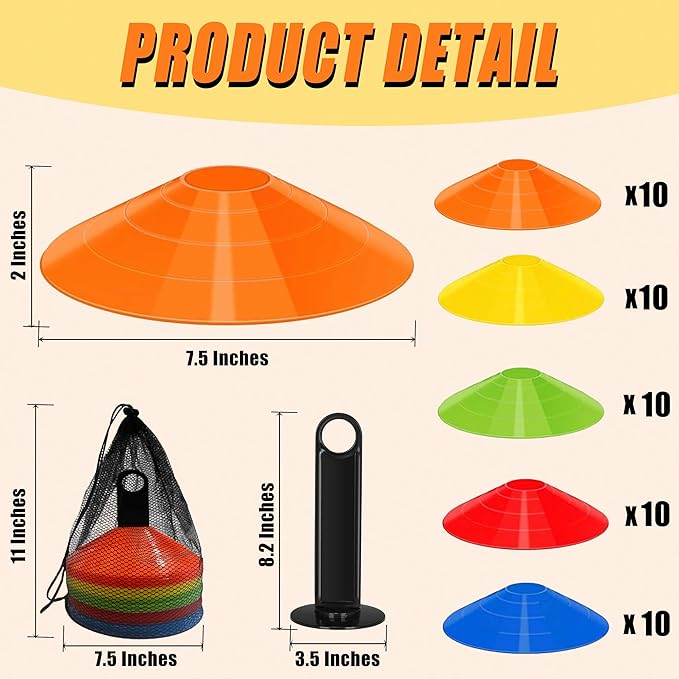 Disc Cones for Sports Training, 25/50 Pack Agility Soccer Cones with Carry Bag and Holder, Soccer, Football, Basketball, Coaching, Practice Equipment, 5 Color