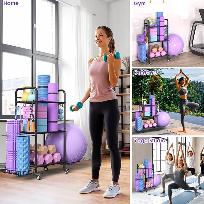 Home Gym Storage Rack Exercise Equipment Storage Organizer for Yoga Mat Dumbbells Kettlebells Foam Roller Yoga Strap & Resistance Bands, Ideal Yoga Mat Holder & Workout Equipment Organizer