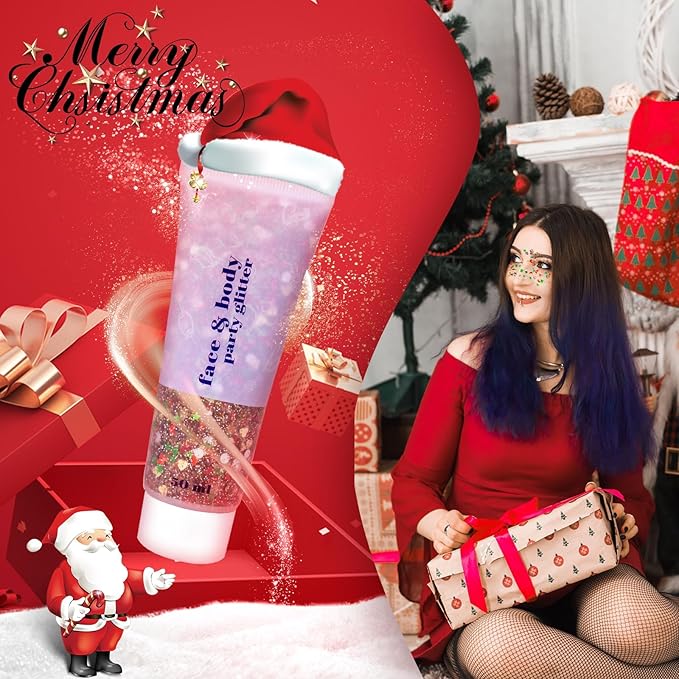 DAGEDA Body Glitter Gel, Face Glitters Body Gel Sequins Shimmer Liquid Eyeshadow, Chunky Glitter for Face Hair, Holographic Cosmetic Laser Powder Festival Glitter Makeup1.7oz (Christmas)