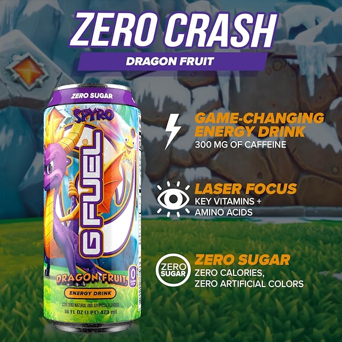 G Fuel Energy Drink, Dragon Fruit, Sugar Free Beverage with 140mg Caffeine, Daily Energy Boost with Focus Amino, Vitamin + Antioxidants, 16 oz Cans (Spyro the Dragon, 12-Pack)