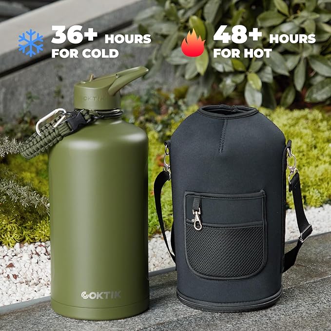 COKTIK 128 oz Insulated Water Bottle, Triple Wall Stainless Steel Flask, Keeps Drinks Cold for 48 Hrs Leak-Proof & BPA-Free Half Gallon Jug with Paracord Handle, Straw & Spout Lids(Army Green)