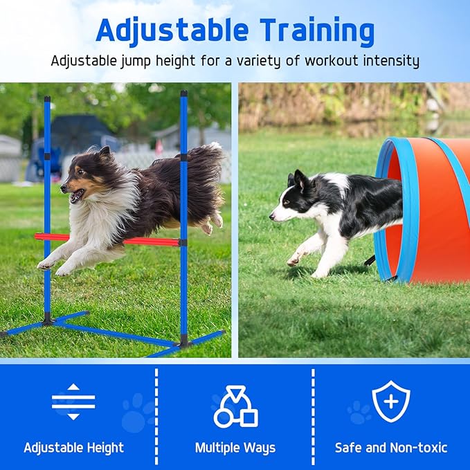 Dog Agility Course Backyard Set Dog Agility Equipment Obstacle Course Backyard Includes Adjustable High Hurdle,6 Weave Poles,Extended Tunnel,Jump Ring,Square Pause Box,2 Balls,Whistle,2 Carrying Bags