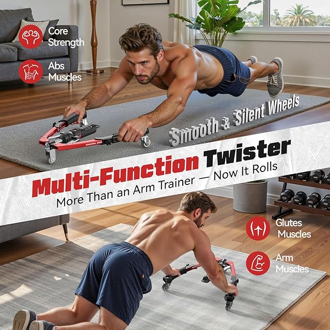 FLYBIRD Chest & Arm Twister Trainer, Hydraulic Power Chest Press Machine 22-440lbs for Upper Body Strength Training, 2-in-1 Chest Trainer with Ab Roller Wheel (Backpack & Pad Included)