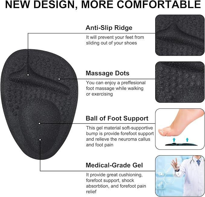 Ball of Foot Cushions, Metatarsal Pads Women, High Heels Non-Slip Comfort Pads, Shoe Support for Metatarsalgia Mortons Neuroma Pain Relief (2 Pairs,Black)