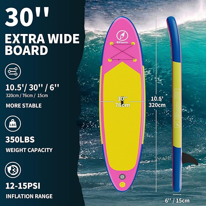 Inflatable Stand Up Paddle Board with SUP Accessories & Backpack. Paddle Boards for Adults. Non-Slip Deck, Wide Stance, Bottom Fin, Double Action Pump.