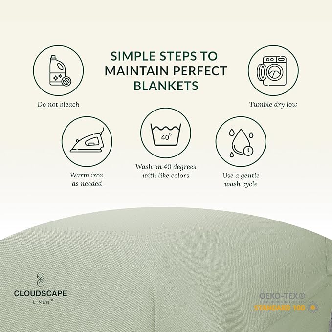 Cloud Scape Linen 100% Cotton Queen Size Blanket, Herringbone Pattern, Lightweight Summer Blanket,Best Gifts for Women, fits Full Size Bed, 92 x 92, Seafoam Green