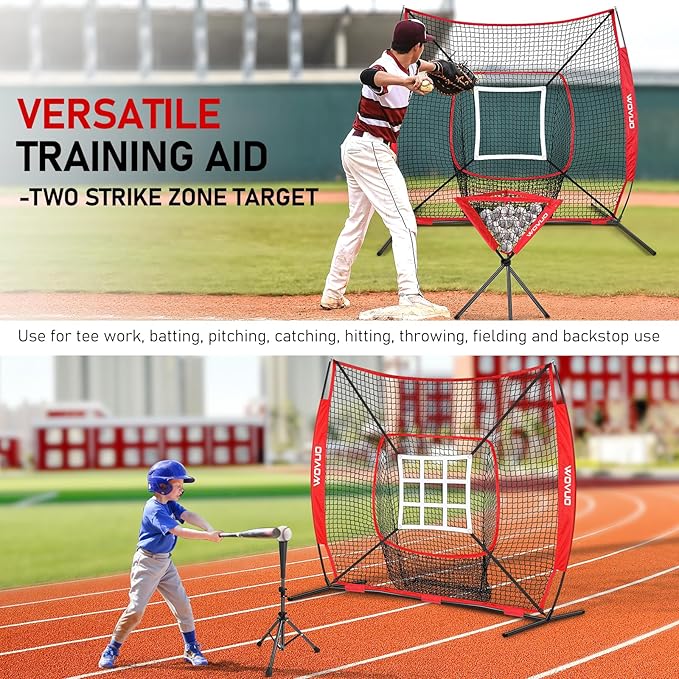7x7 ft Baseball Net for Batting Pitching Hitting, Softball Pitching Net with Strike Zone, Tee, Ball Caddy, Softball Batting Net Baseball Training Equipment for Kids Adult Youth Sport Practice