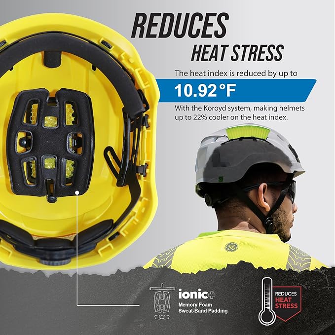 GE Safety Helmet, Impact Absorbing Tech, Adjustable Ratchet, ANSI Type 1, Memory Foam Padding, Hard Hats Protection, Lightweight, Durable, Chin Strap, Comfortable Fit OSHA Approved