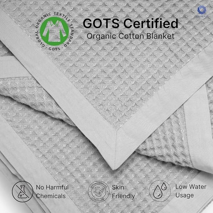 GOTS Certified Organic Cotton Waffle Weave Blanket, Twin Bed Size, 66"X90"Cozy Throw Blanket for Couch, Modern Home Decor, Throw Blankets,Waffle Blanket & Soft Bed Blankets -Scottish Grey